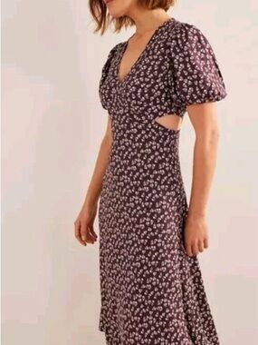 Boden Cut Out Midi Tea Dress Shortsleeve Dark Burgundy Sweet Daisy- NWT Sz 14R